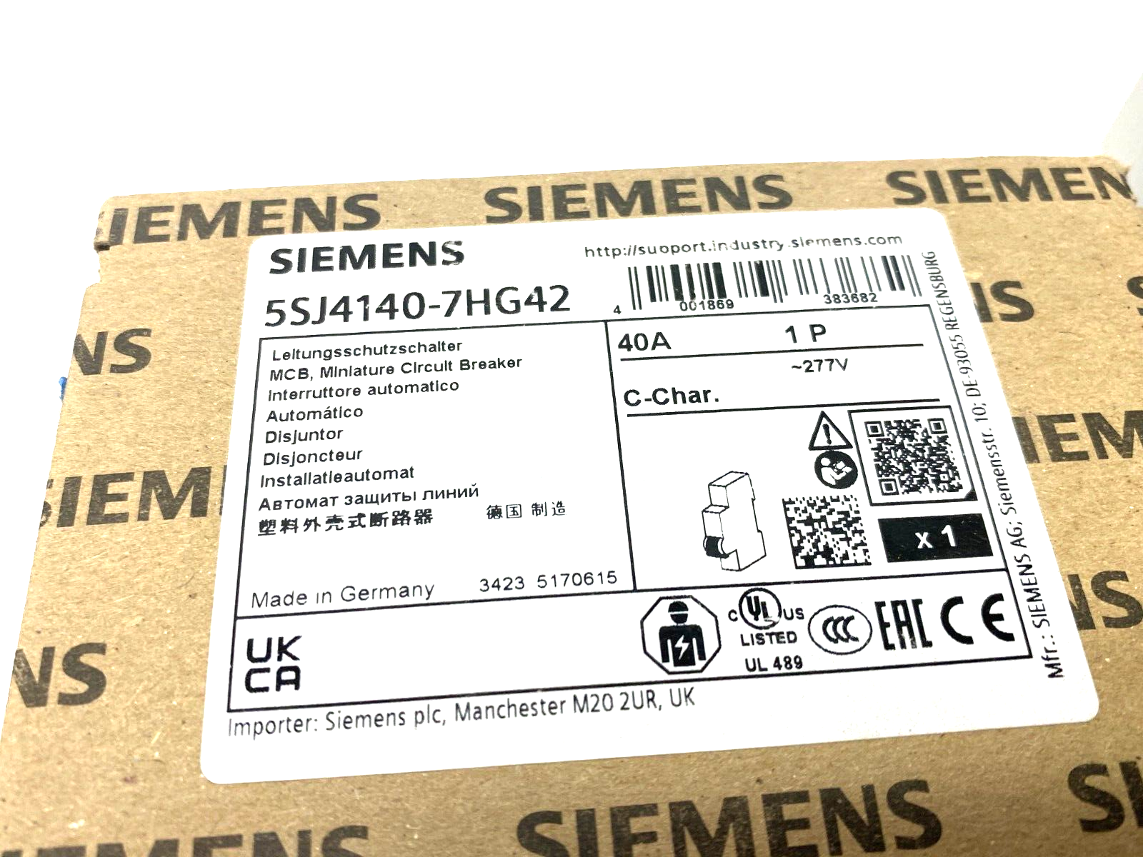 Siemens 5SJ4140-7HG42 Miniature Circuit Breaker 40A 1-Pole 277V - Maverick Industrial Sales