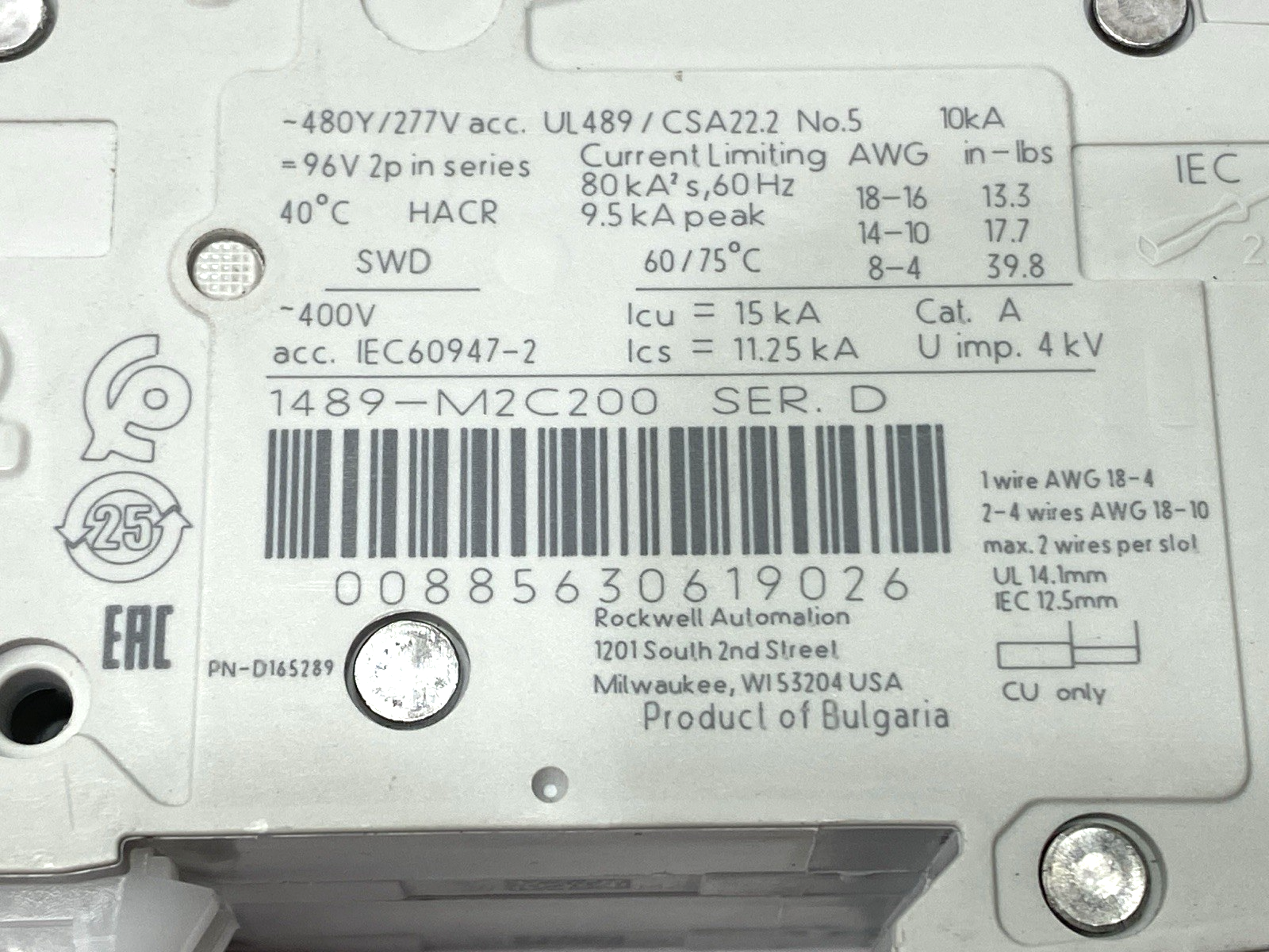 1489-M2C200 | Allen Bradley Ser. D Miniature Circuit Breaker 2 Pole 20A 480Y/277V - Used - Maverick Industrial Sales