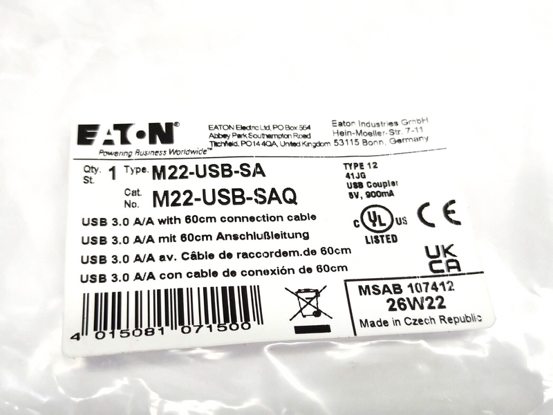 Eaton M22-USB-SAQ Bulkhead Interface USB 3.0 A Receptacle 0.6 m Cable M22-USB-SA - Maverick Industrial Sales