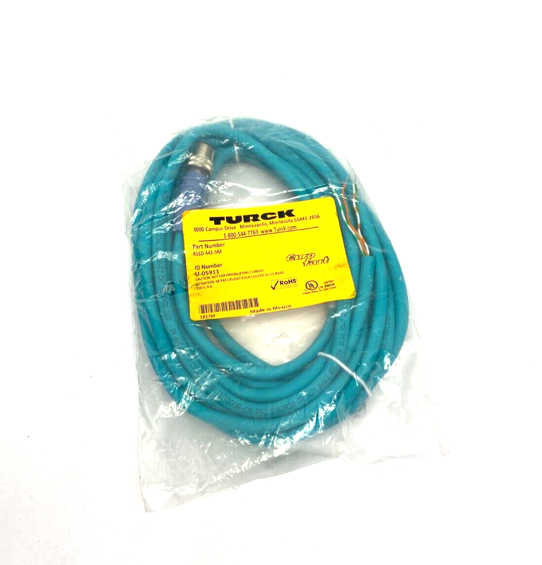 Turck RSSD 441-5M Ethernet Extension Cable M12 4-Pin to Pigtail 5m, U-05911 - Maverick Industrial Sales