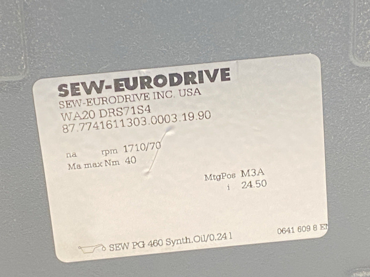 Sew-Eurodrive WA20DRS71S4 Gearmotor 1700RPM 460V 3PH w/ Flexlink XBEB 0A85MNLP - Maverick Industrial Sales
