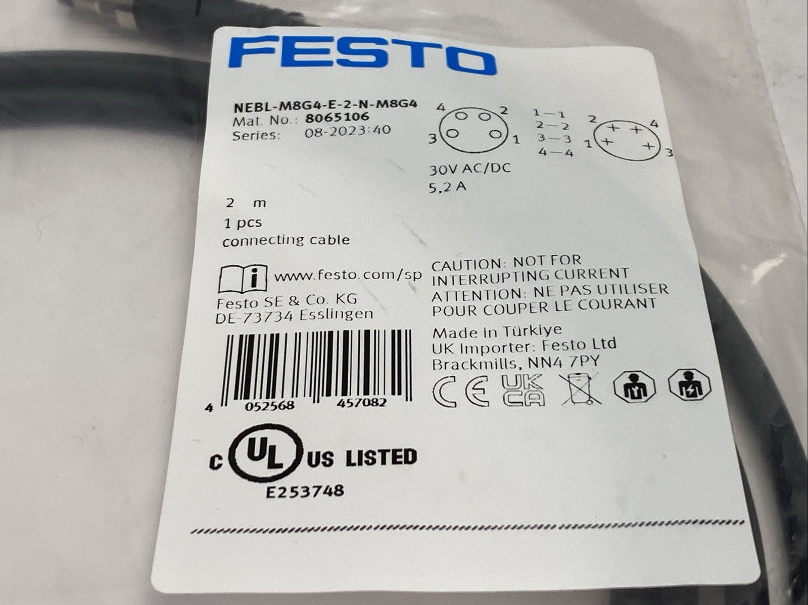 Festo NEBL-M8G4-E-2-N-M8G4 Connecting Cable M/F M8 4-Pin 2m 8065106 - Maverick Industrial Sales