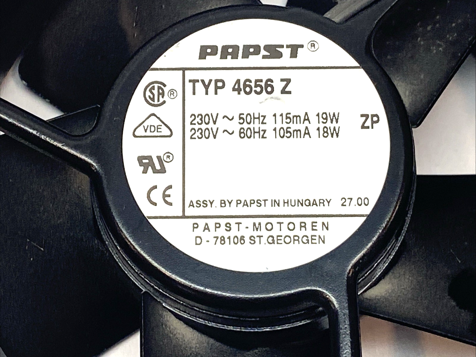 Papst TYP 4656 Z Axial Fan 230VAC 119mm x 119mm x 38mm 4656Z MISSING COVERS - Maverick Industrial Sales
