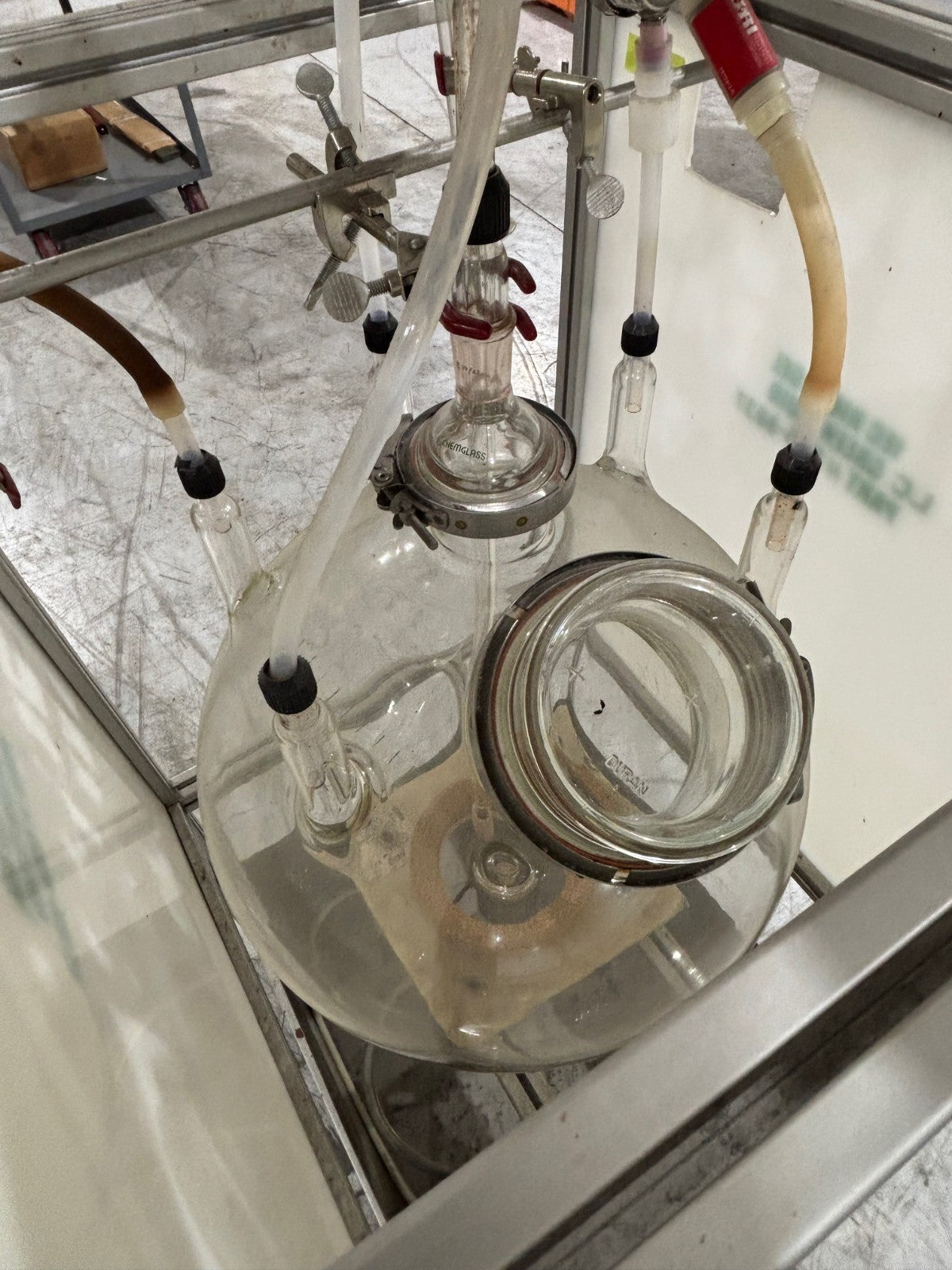 72L | Chemglass 72 Liter Reactor Flask with varios fixtures and attachments, - Used - Maverick Industrial Sales