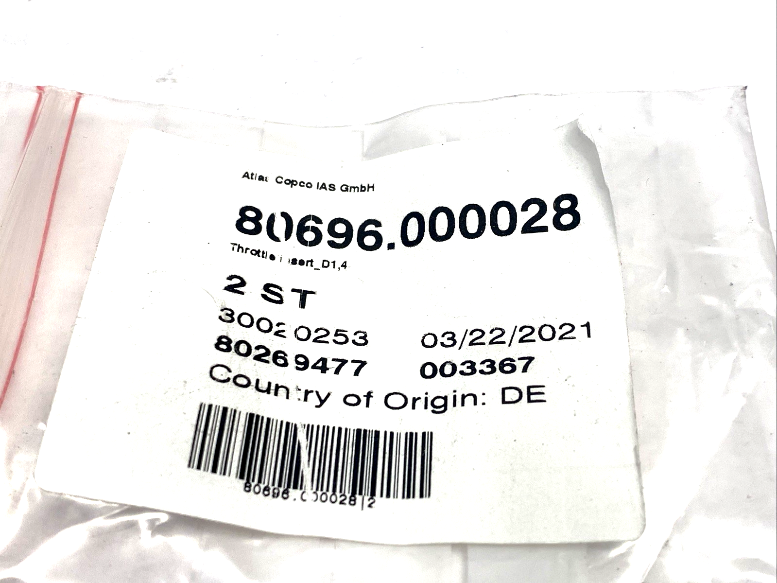 Atlas Copco 80696.000028 Throttle Insert D1.4 LOT OF 2 - Maverick Industrial Sales