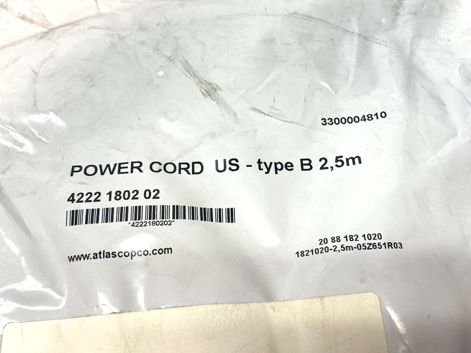 4222 1802 02 | Atlas Copco Power Cable Type B 2.5m - New - Maverick Industrial Sales