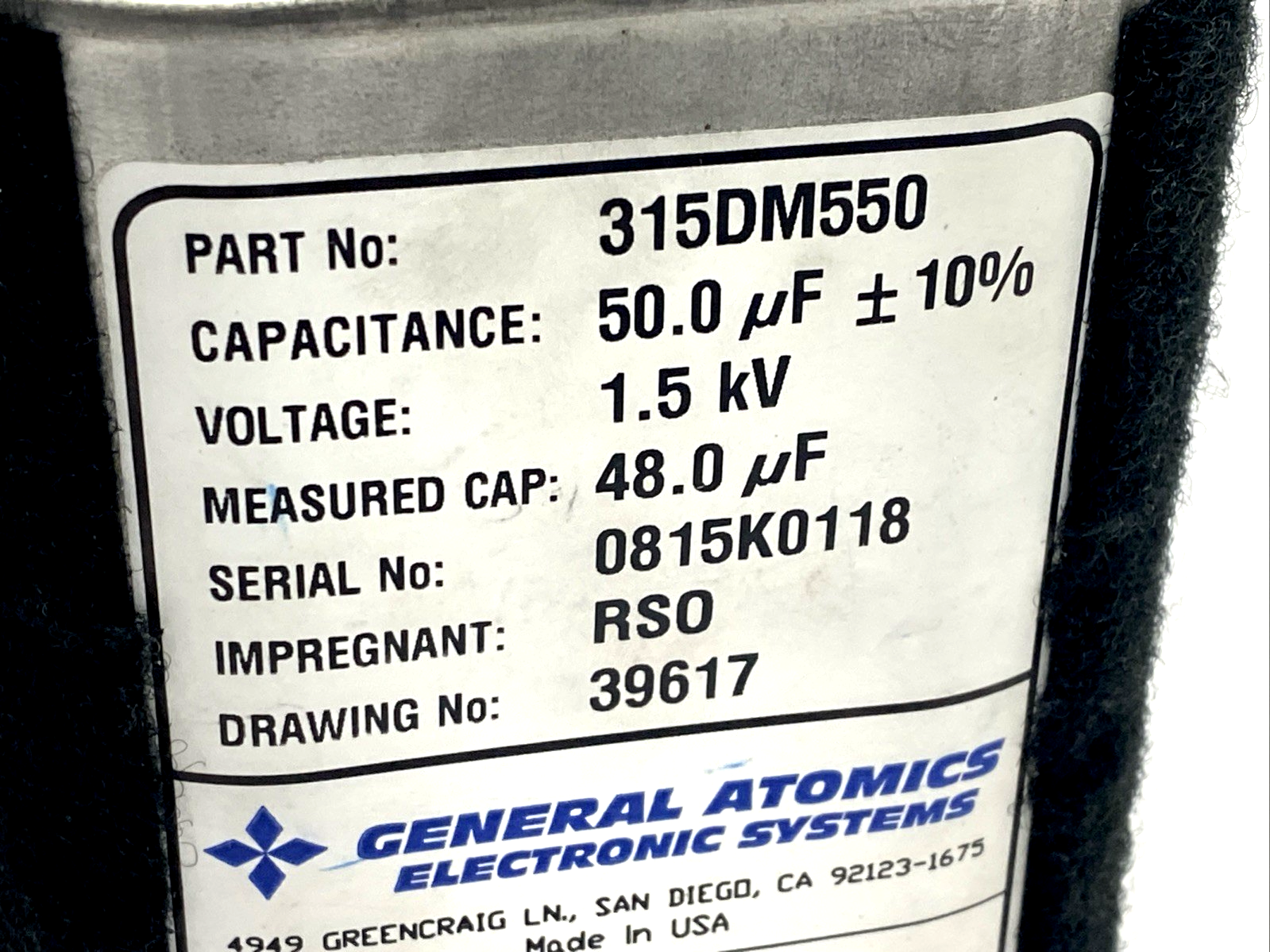 315DM550 | General Atomics Electronic Systems Capacitor 50µF 1.5kV 16A RMS - Used - Maverick Industrial Sales