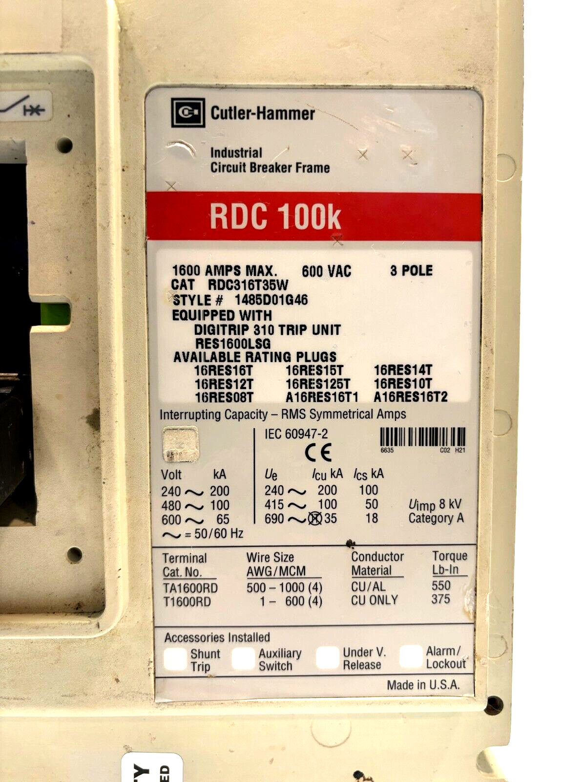 Cutler Hammer RDC316T35W Industrial Circuit Breaker, 1600A, 1485D01G46, RDC 100k - Maverick Industrial Sales