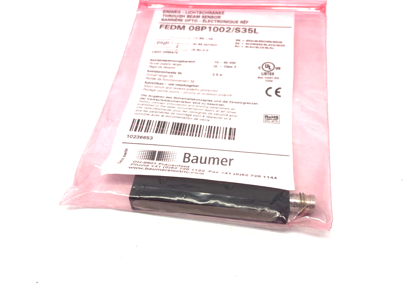 Baumer FEDM 08P1002/S35L Through-Beam Sensor 3-Pin M8 10-30VDC 10236653 - Maverick Industrial Sales