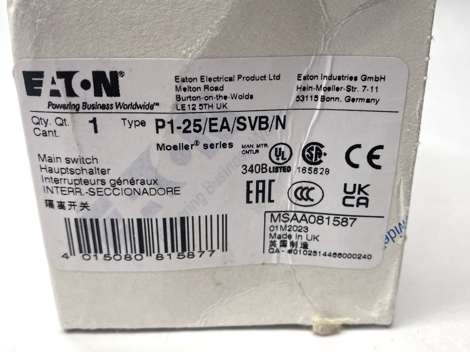 Eaton P1-25/EA/SVB/N Main Disconnect Switch 3-Pole 25A - Maverick Industrial Sales