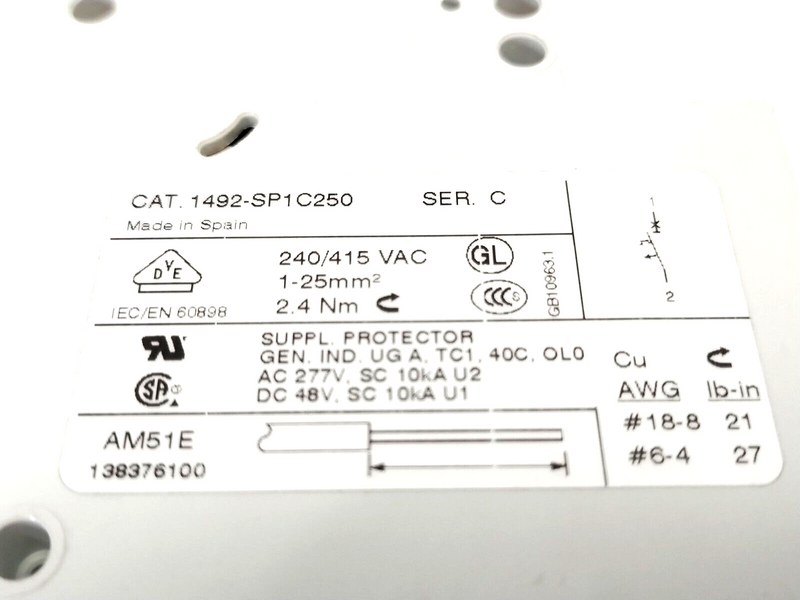 Allen Bradley 1492-SP1C250 Ser. C Supplementary Miniature Circuit Breaker 1P 25A - Maverick Industrial Sales