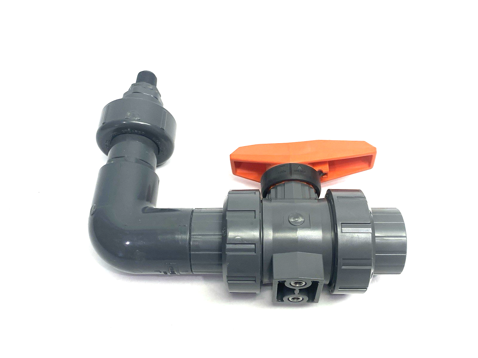 161546244 | Georg Fischer Typ 546 Pro Ball Valve PVC-U, 1" Socket Ends, to Rt Angle Adapter - New – Open box - Maverick Industrial Sales