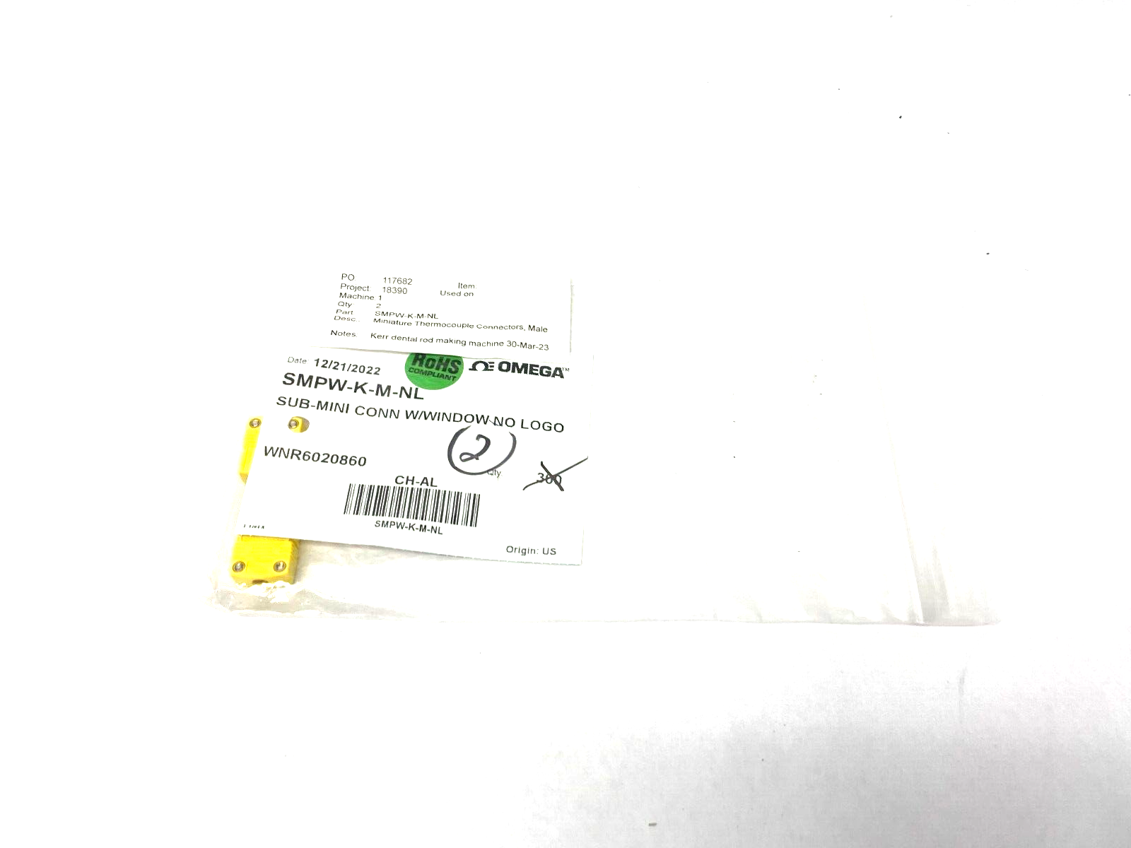 Omega SMPW-K-M-NL Sub-Mini Connector Thermocouple w/ Window Male PKG OF 2 - Maverick Industrial Sales