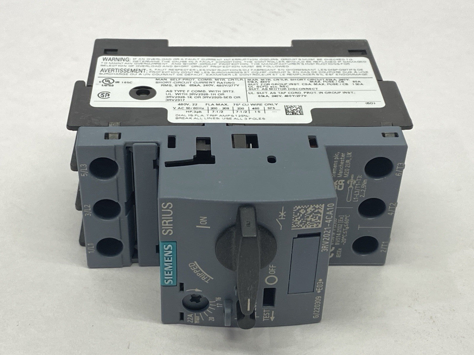 Siemens 3RV2021-4CA10 Circuit Breaker For Motor Protection 16-22A 256A 480V - Maverick Industrial Sales