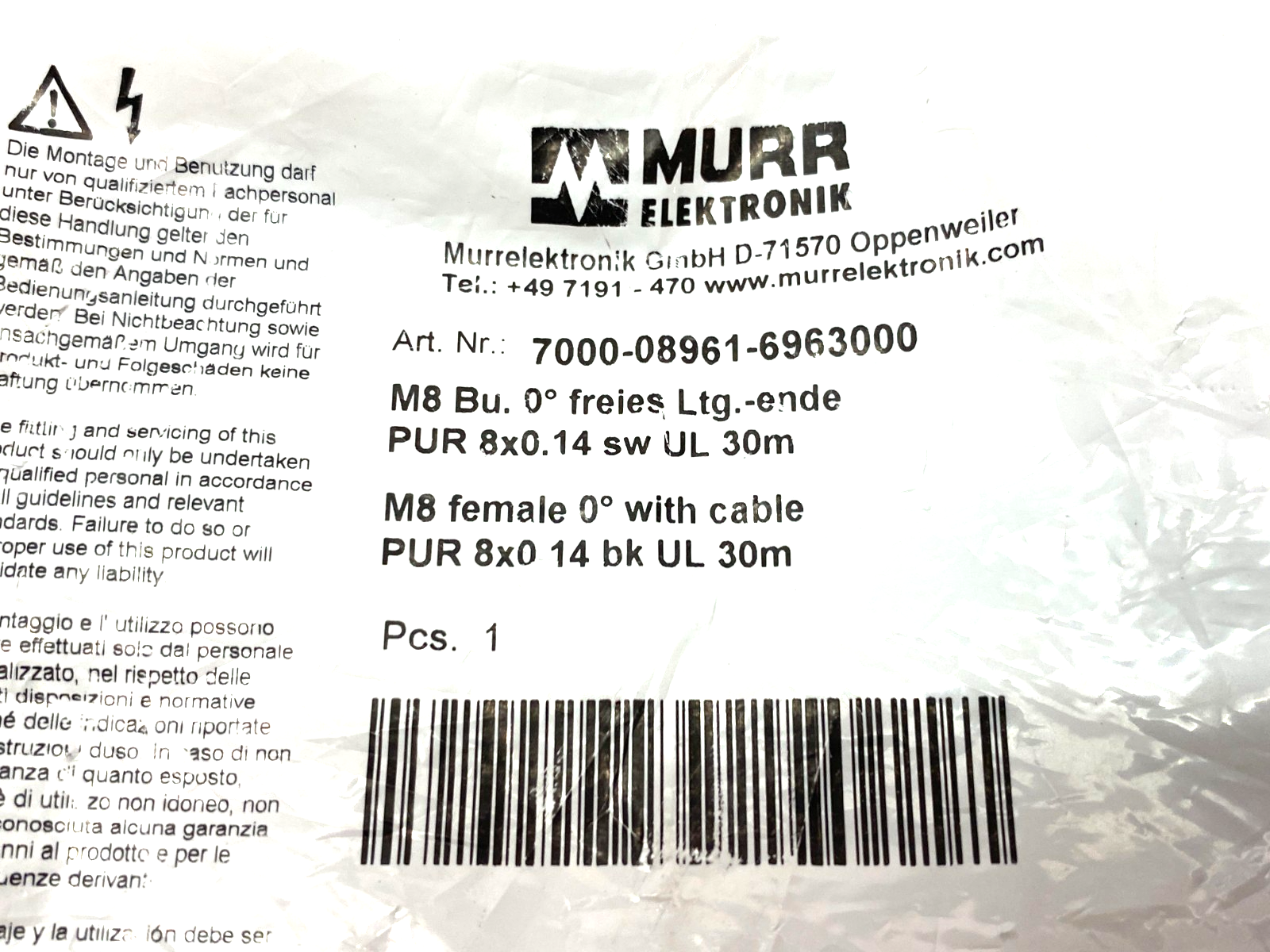 Murrelektronik 7000-08961-6963000 Single Ended Female 0° Cordset 30m M8 8-Pin - Maverick Industrial Sales