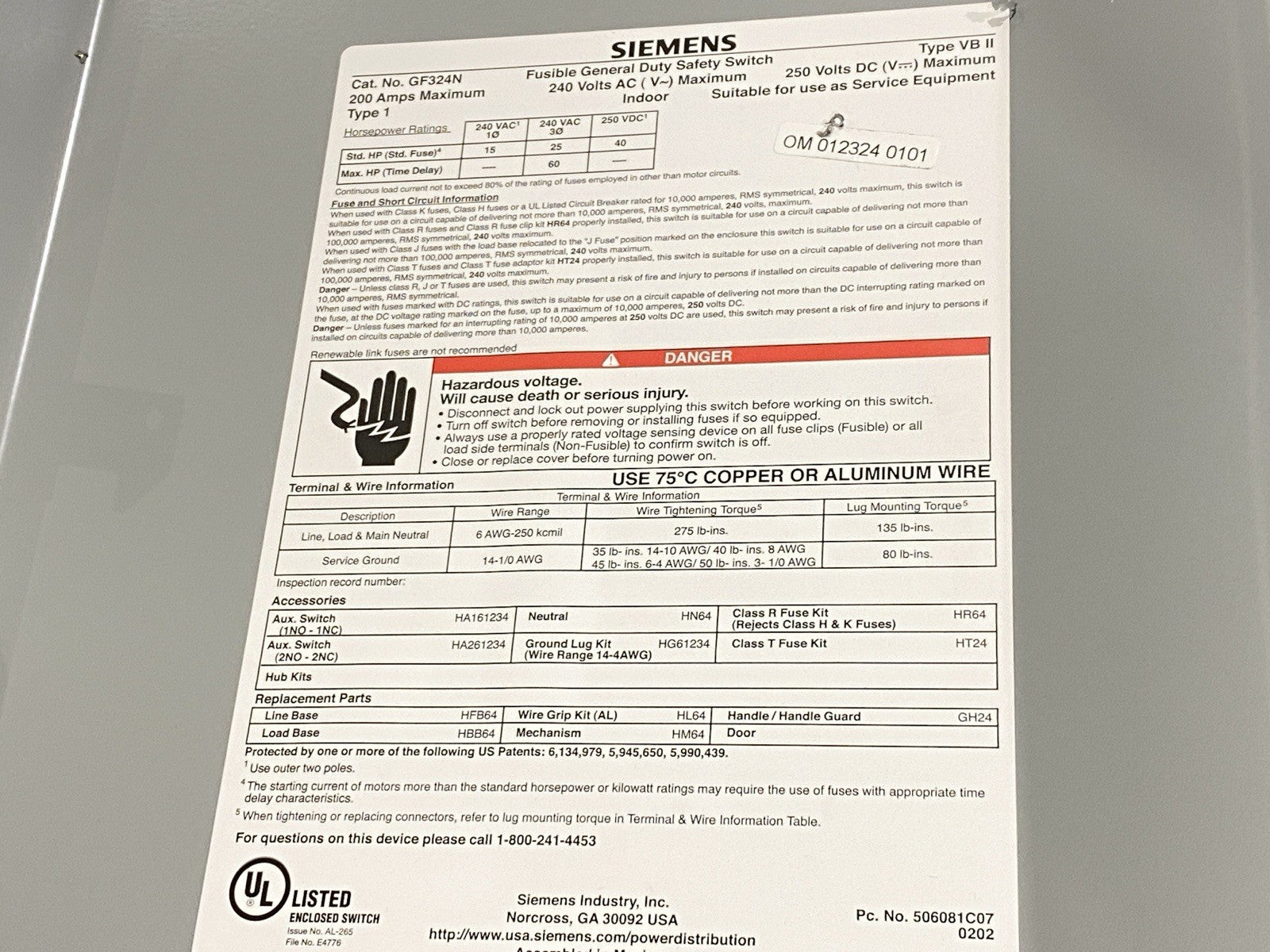 GF324N | Siemens General Duty Safety Switch 200A 240VAC 250VDC 60HP - Used - Maverick Industrial Sales