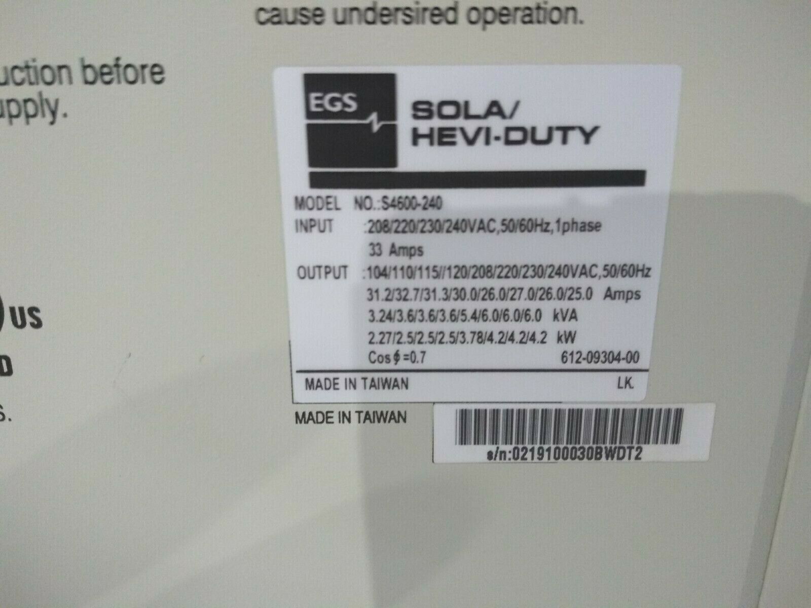 EGS Sola Hevi-Duty S4600-240 1PH 33A Sola 4000 Series Uniteruptable Power Supply - Maverick Industrial Sales