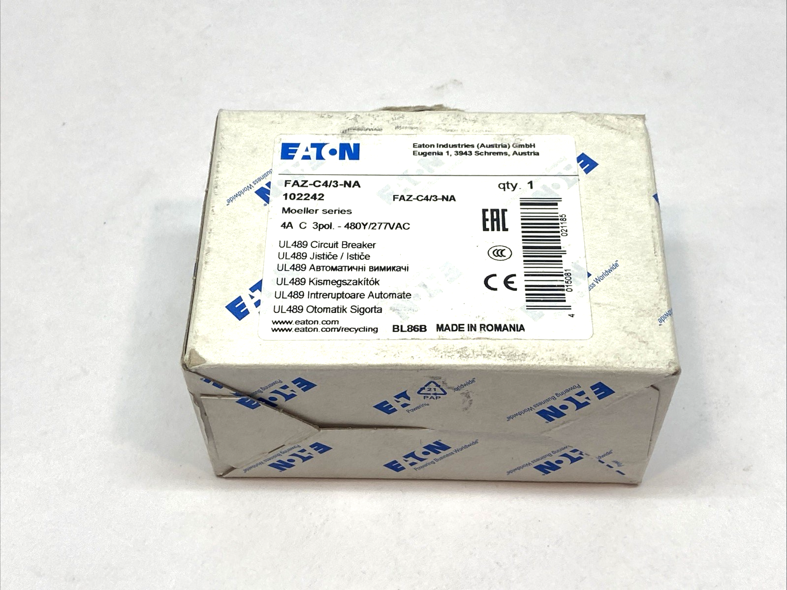 Eaton FAZ-C4/3-NA Circuit Breaker 3-Pole C-Curve 4A 102242 - Maverick Industrial Sales