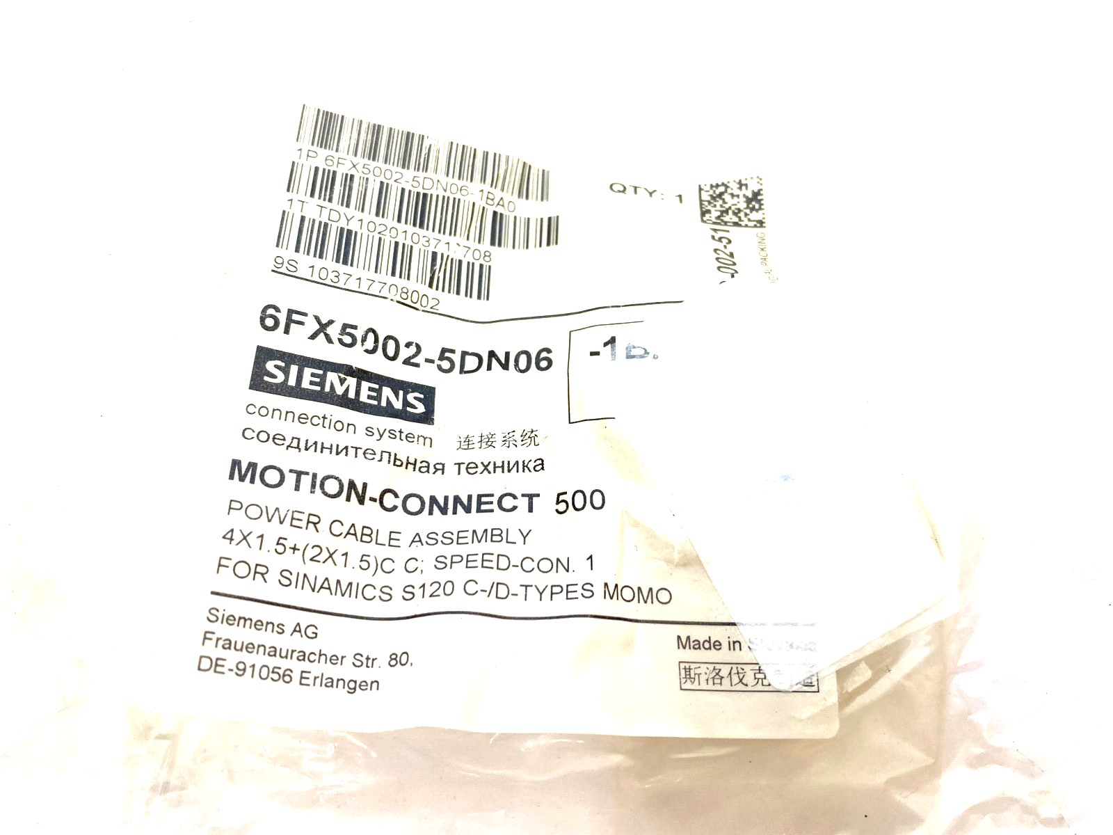 Siemens 6FX5002-5DN06-1BA0 MOTION-CONNECT Power Cable Assembly - Maverick Industrial Sales