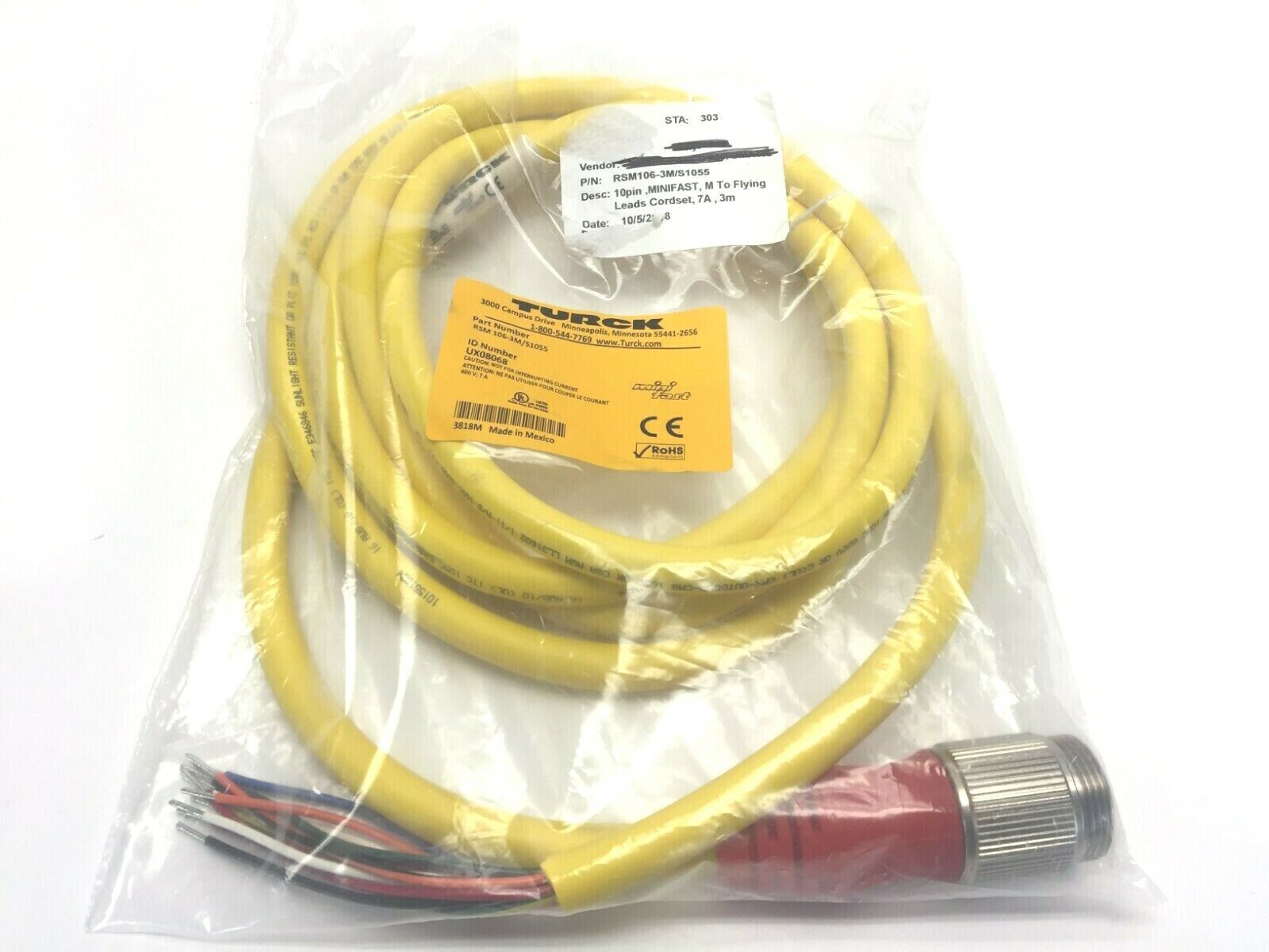 Turck RSM 106-3M/S1055 Minifast 10 Pin to Flying Leads UX08068 - Maverick Industrial Sales