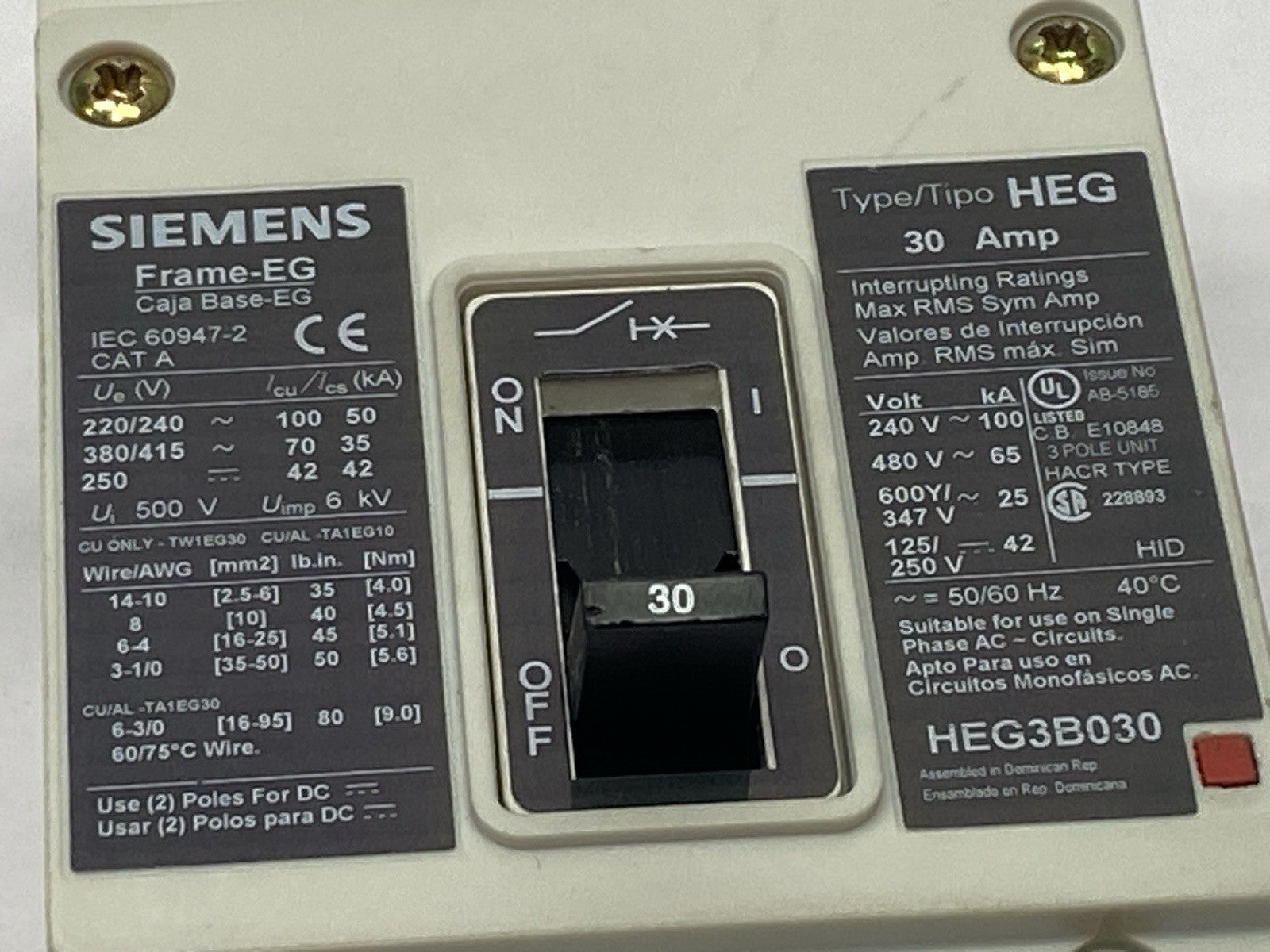 Siemens HEG3B030L Circuit Breaker Type HEG 30A 480Y/277V 3P - Maverick Industrial Sales