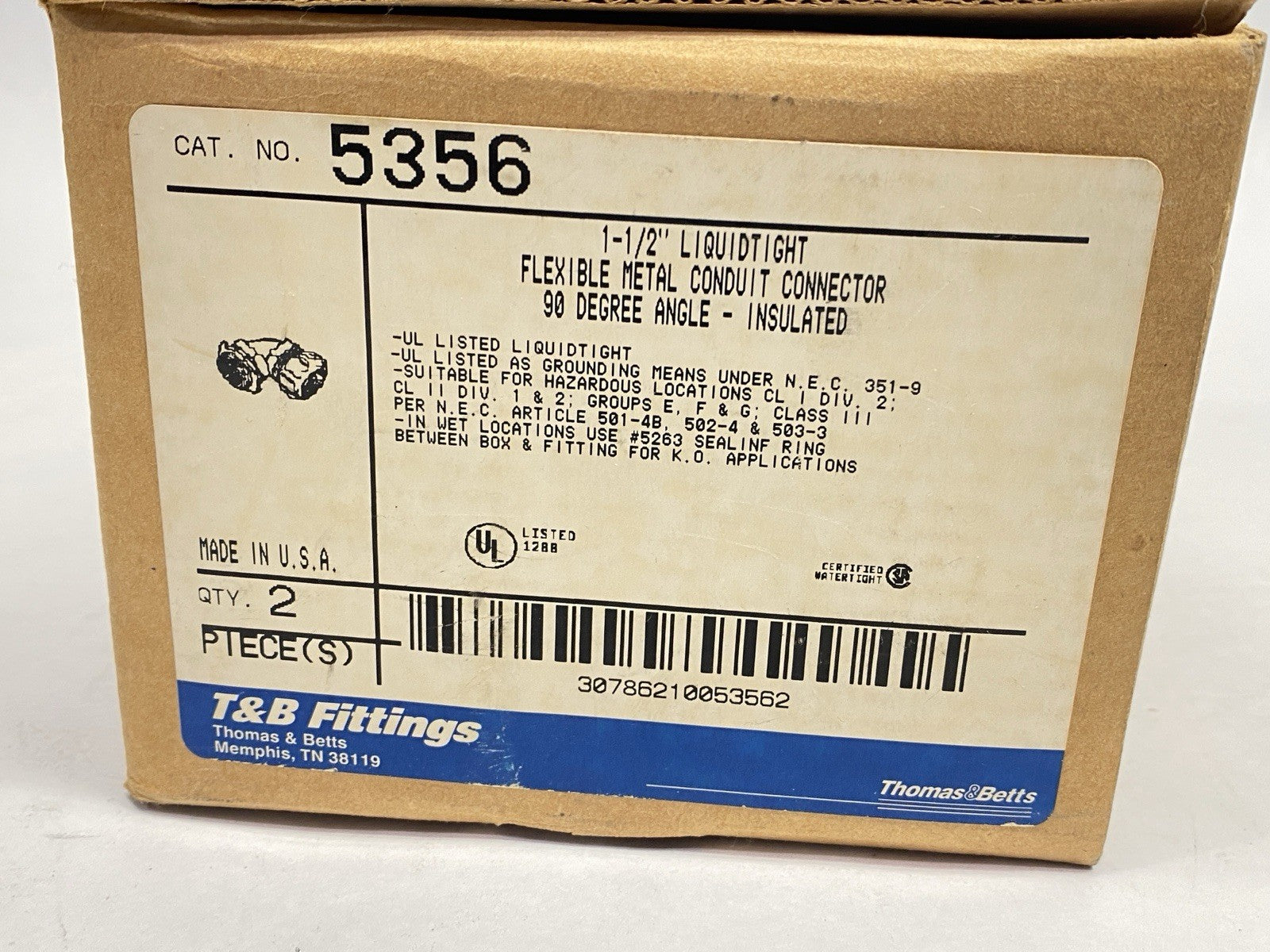 5356 | T&B Fittings Liquidtight 90 Degree Angle Conduit Connector 1-1/2" LOT OF 2 - New – Open box - Maverick Industrial Sales