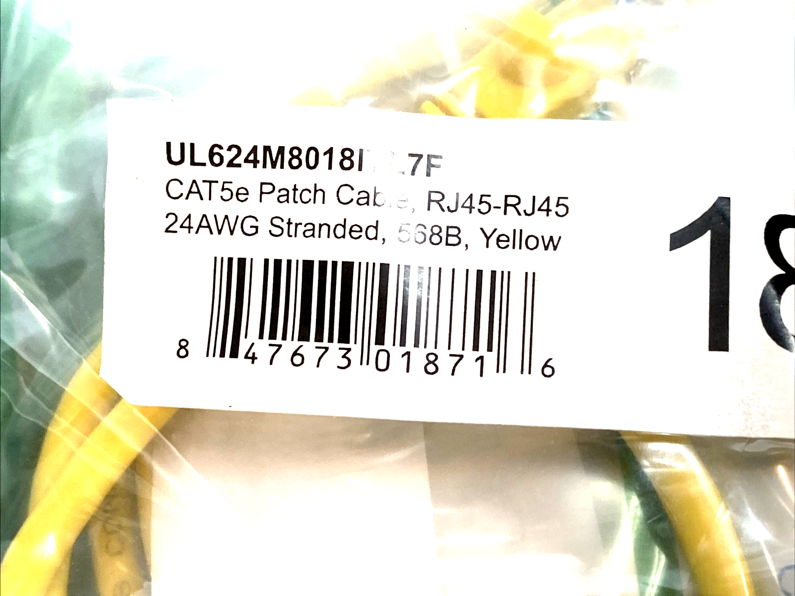UL624M8018IYL7F | CAT5e Patch Cable, RJ45-RJ45 24AWG 1" LOT OF 10 - New - Maverick Industrial Sales