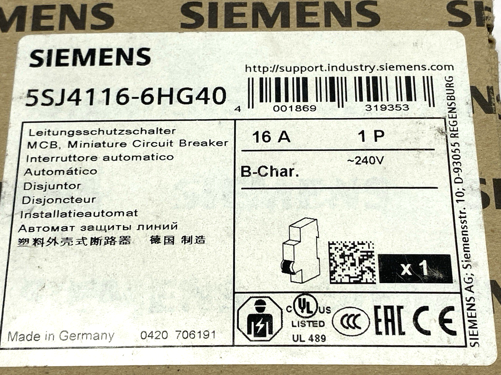 Siemens 5SJ4116-6HG40 Miniature Circuit Breaker 1-Pole 240V 16A - Maverick Industrial Sales