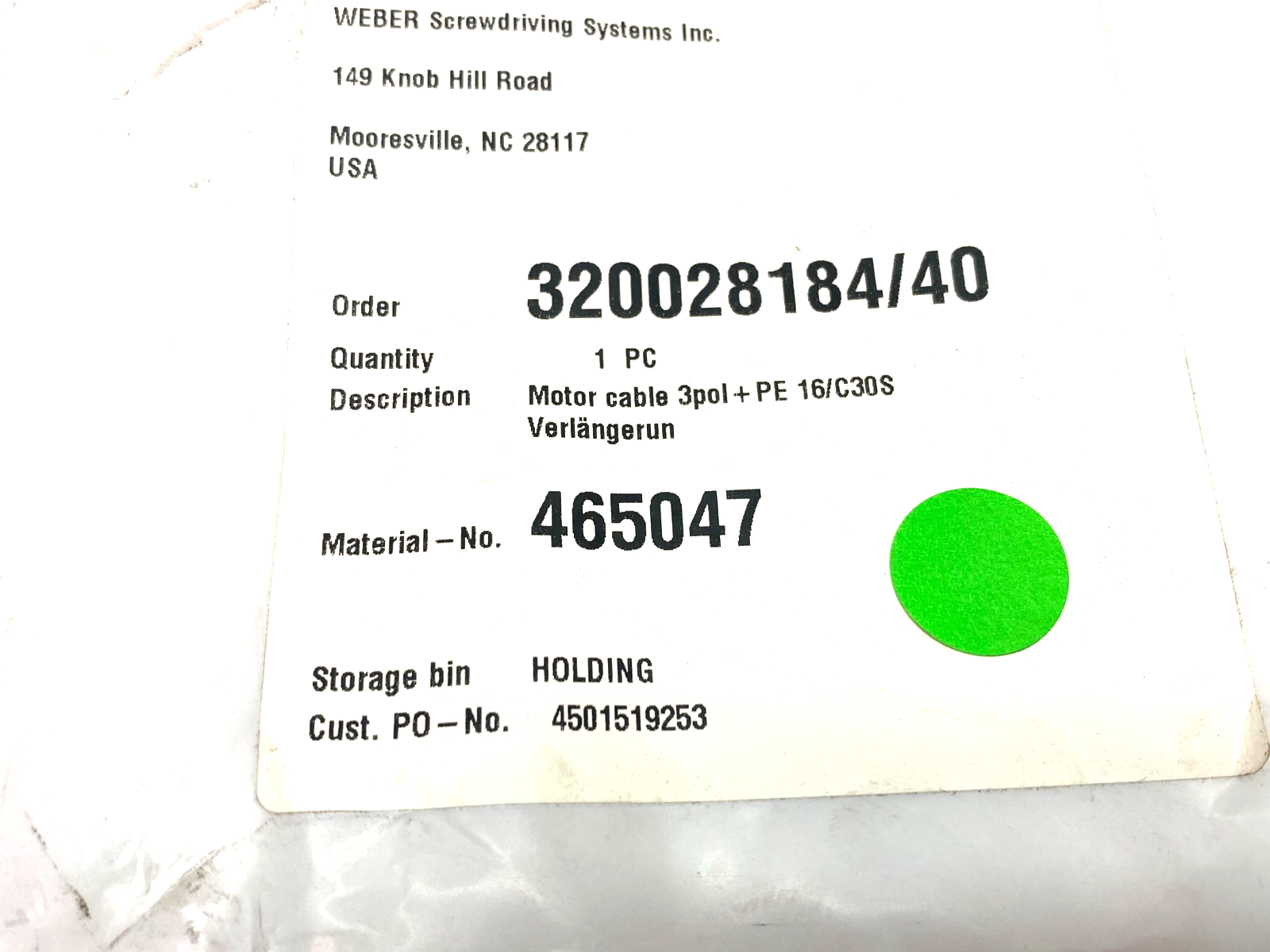 Weber 465047 Motor Connection Cable 3-pol+PE 16/C30S - Maverick Industrial Sales