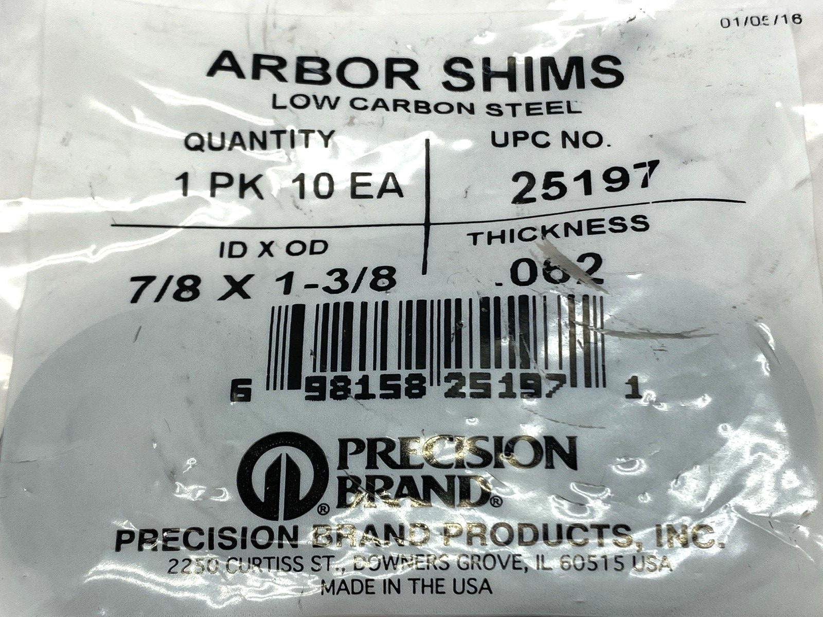 Precision Brand 84196 Steel Arbor Shims 7/8" ID x 1-3/8" OD .062 Thickness - Maverick Industrial Sales
