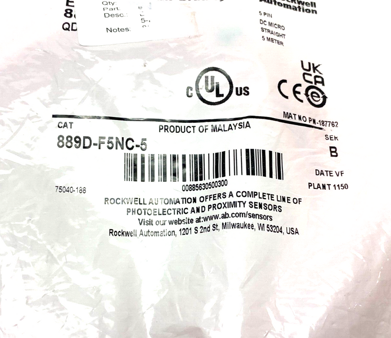 Allen Bradley 889D-F5NC-5 Ser. B Straight Male DC Micro Cable 5-Pin Single Ended - Maverick Industrial Sales