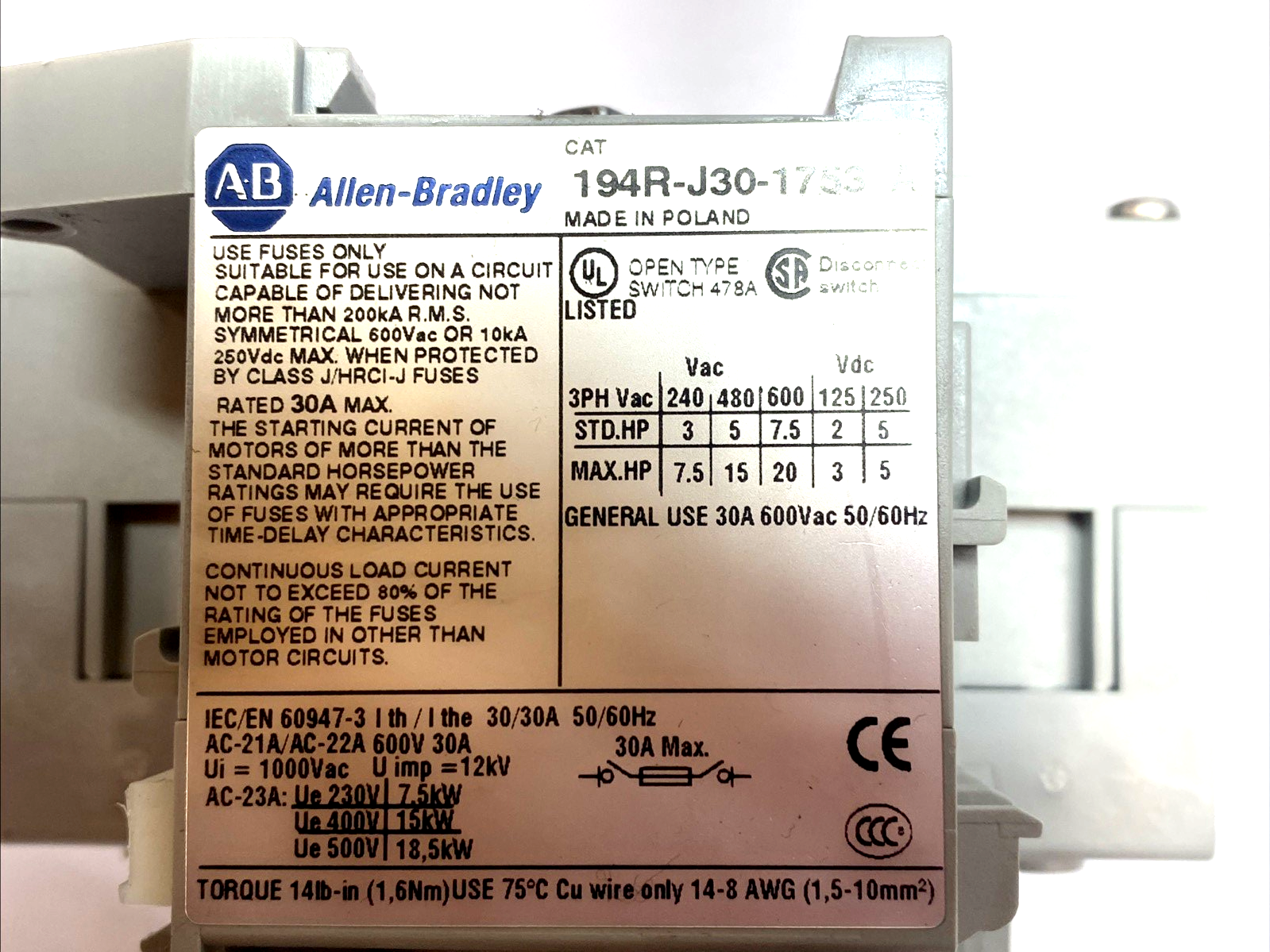 Allen-Bradley 194R-J30-1753 Fused Disconnect 30A w/ 194R-N2 194R-PY - Maverick Industrial Sales
