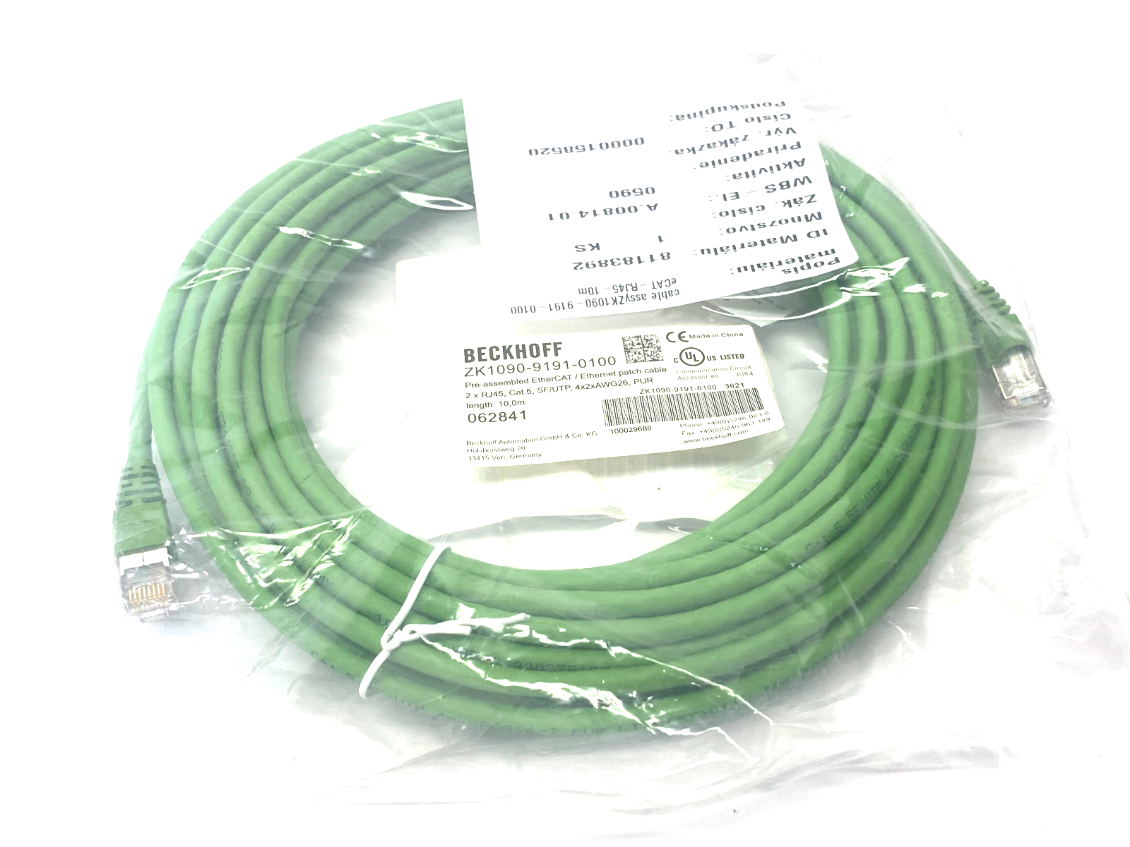Beckhoff ZK1090-9191-0100 Ethernet/EtherCAT Patch Cable 10m 2 x RJ45 062841 - Maverick Industrial Sales