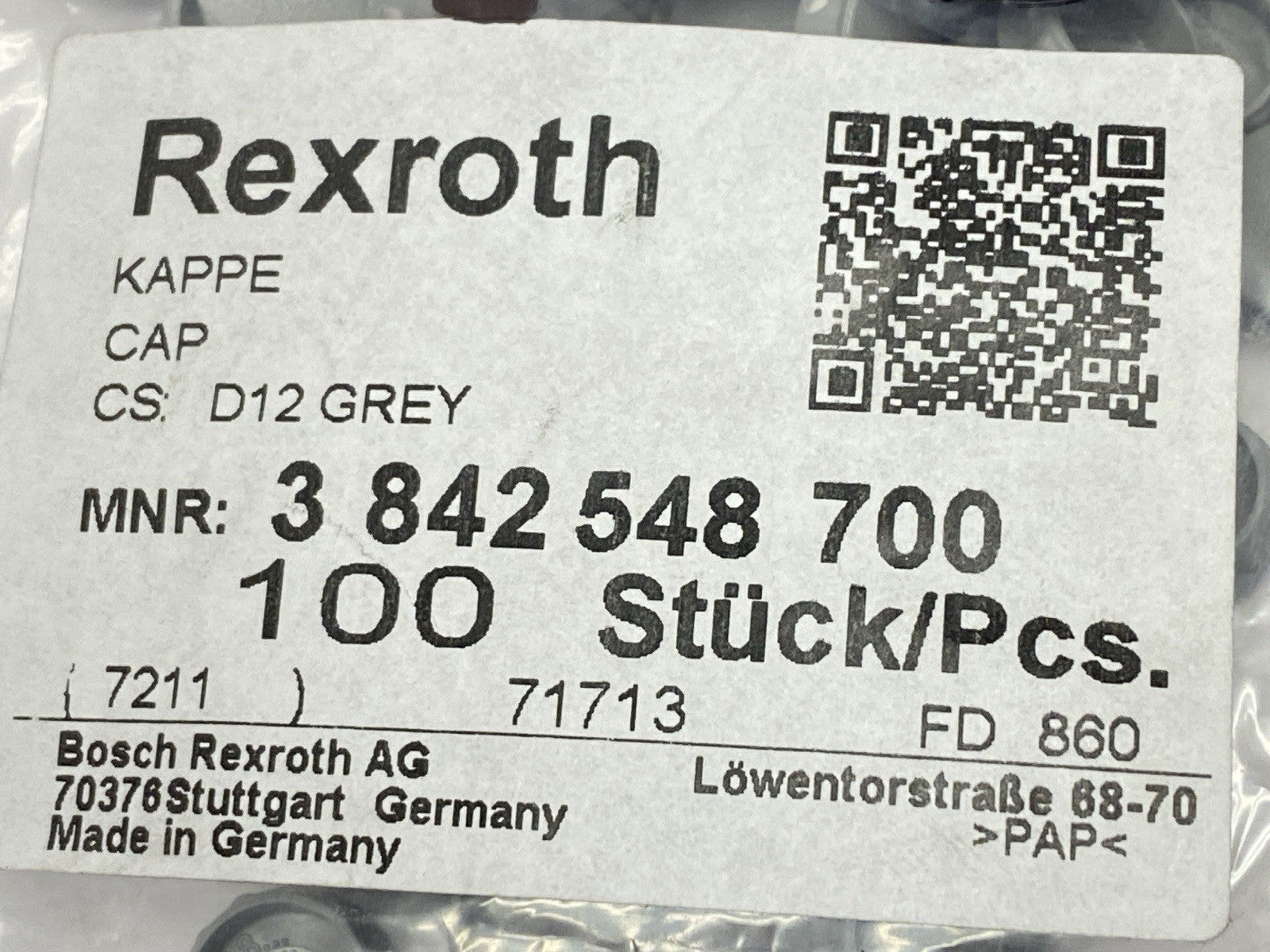 3 842 548 700 | Bosch Rexroth 3842548700 Cover Cap CAP D12 GREY LOT OF 100 - New – Open box - Maverick Industrial Sales