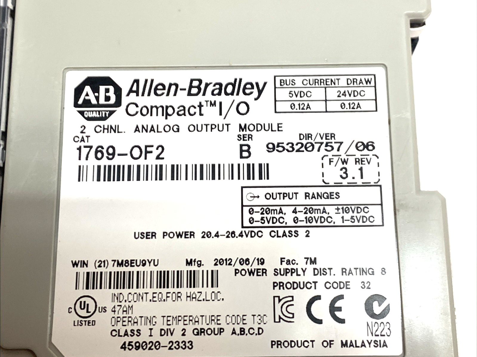 1769-OF2 | Allen-Bradley Analog Output Module 2-Ch 0–10V 4–20mA SER B - For parts or not working - Maverick Industrial Sales