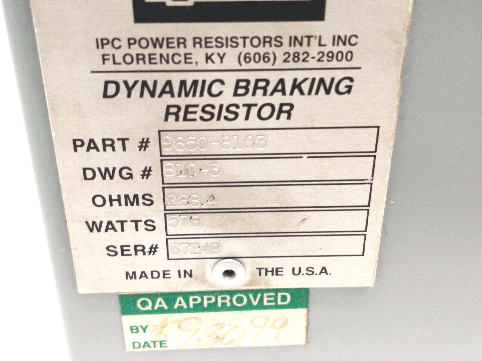 IPC 9650-8103 Dynamic Braking Resistor, 268.4 Ohms, 578W, DWG 810-3 - Used - Maverick Industrial Sales