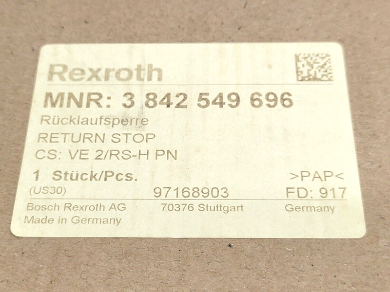 Bosch Rexroth 3842549696 Return Stop VE 2/RS-H PN - Maverick Industrial Sales