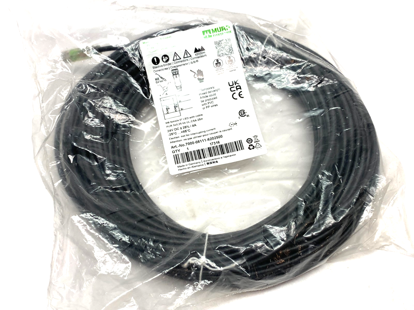 Murrelektronik 7000-08111-6202500 Single Ended M8 Female 0° A-cod. LED Cordset - Maverick Industrial Sales