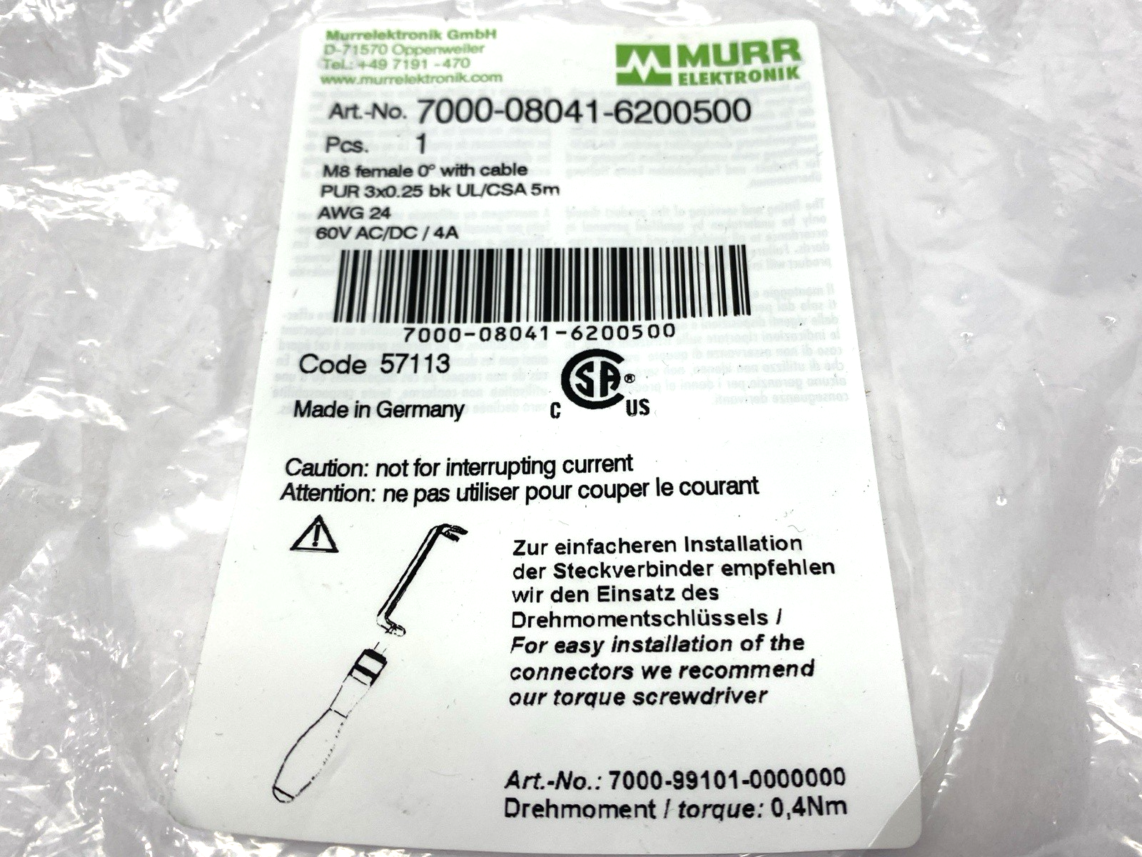 Murr Elektronik 7000-08041-6200500 Single Ended Cable Female Connector M8 5m - Maverick Industrial Sales