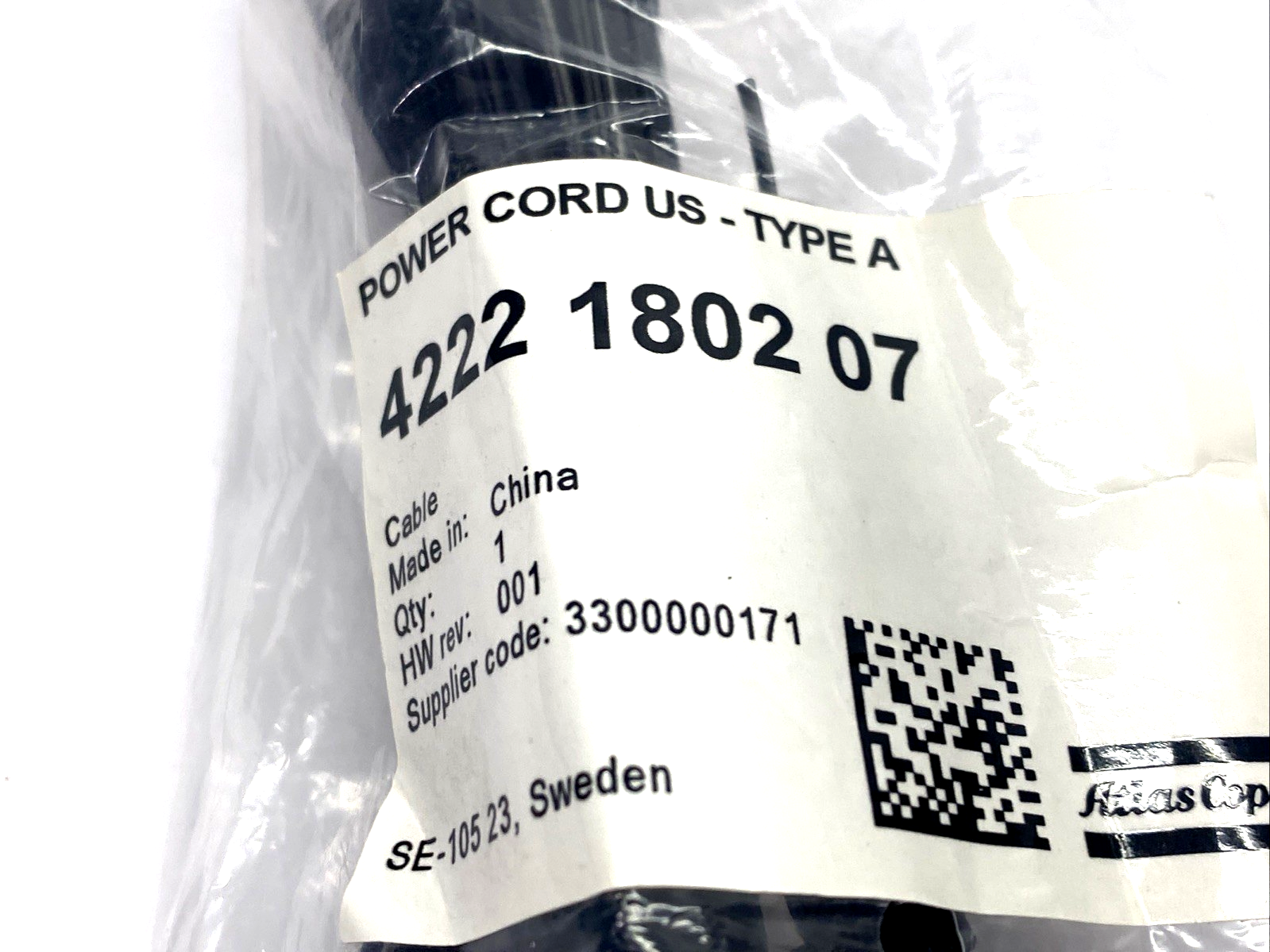 Atlas Copco 4222 1802 07 HW Rev. 001 Power Cable US Type A - Maverick Industrial Sales