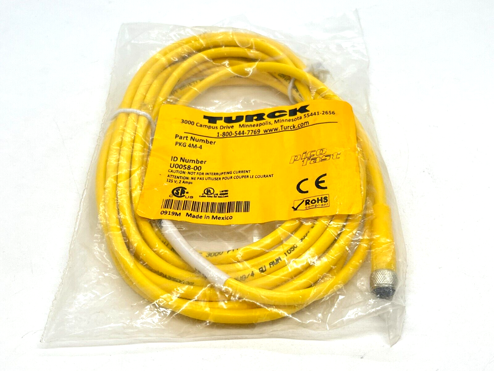 Turck PKG 4M-4 Picofast Cable M8 Female 4-Pin Right Angle 4m U0058-00 - Maverick Industrial Sales