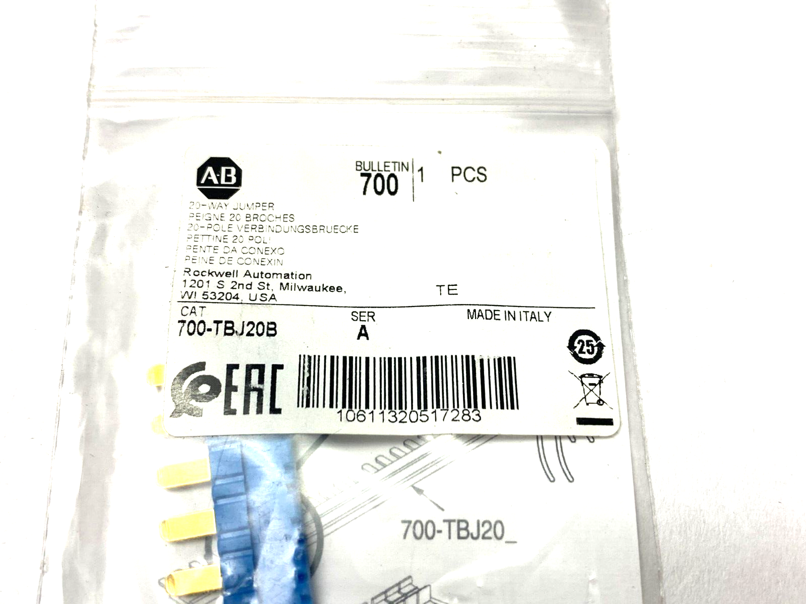 Allen Bradley 700-TBJ20B Ser. A Jumper Bar 20-Pole - Maverick Industrial Sales