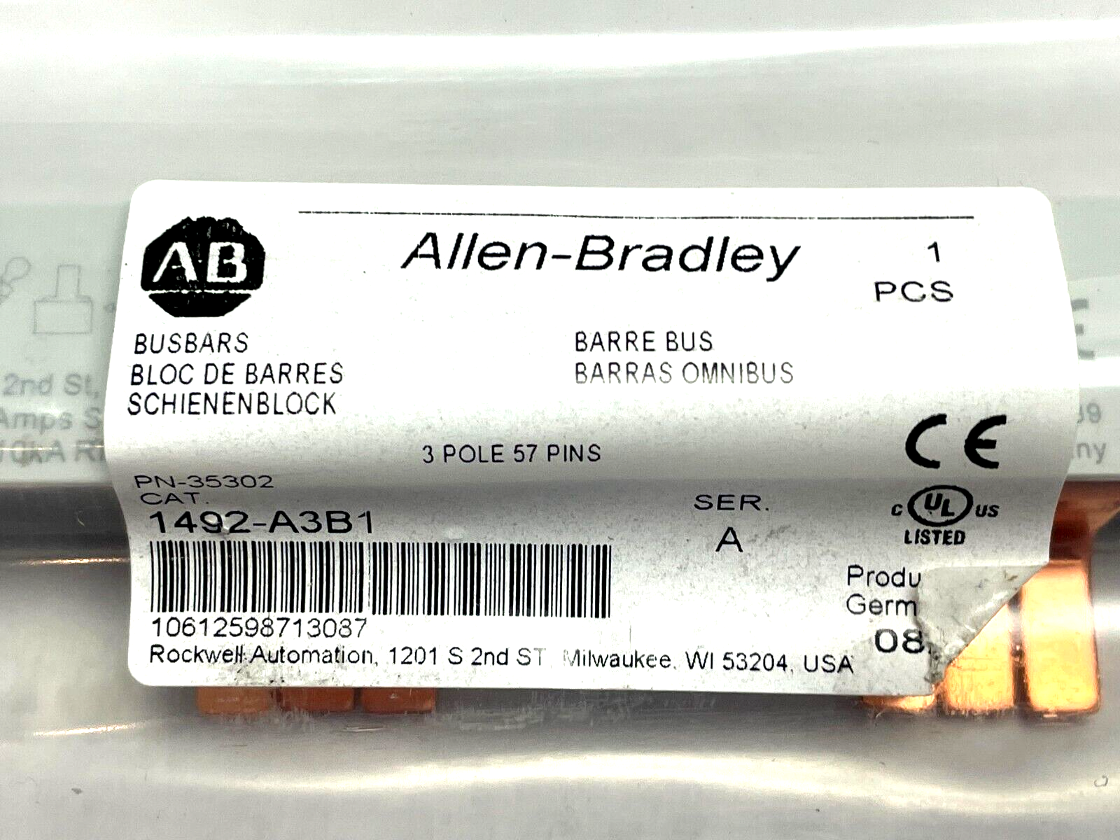 1492-A3B1 | Allen Bradley Ser. A Busbar 3-Pole, 57-Pins, 3-Phase 100A - New - Maverick Industrial Sales