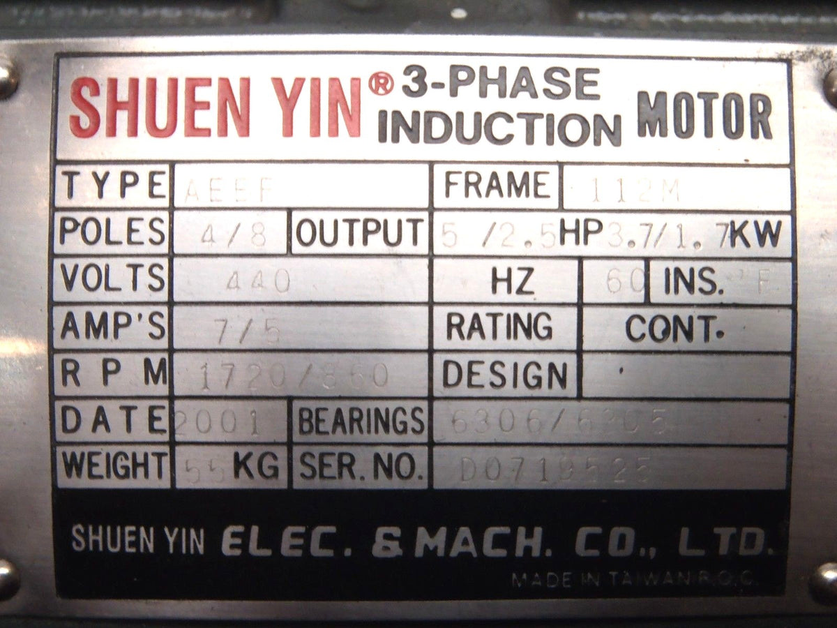 AEEF | Shuen Yin Electric Motor 2.5HP 860RPM 440V 5A 3PH - New - Maverick Industrial Sales