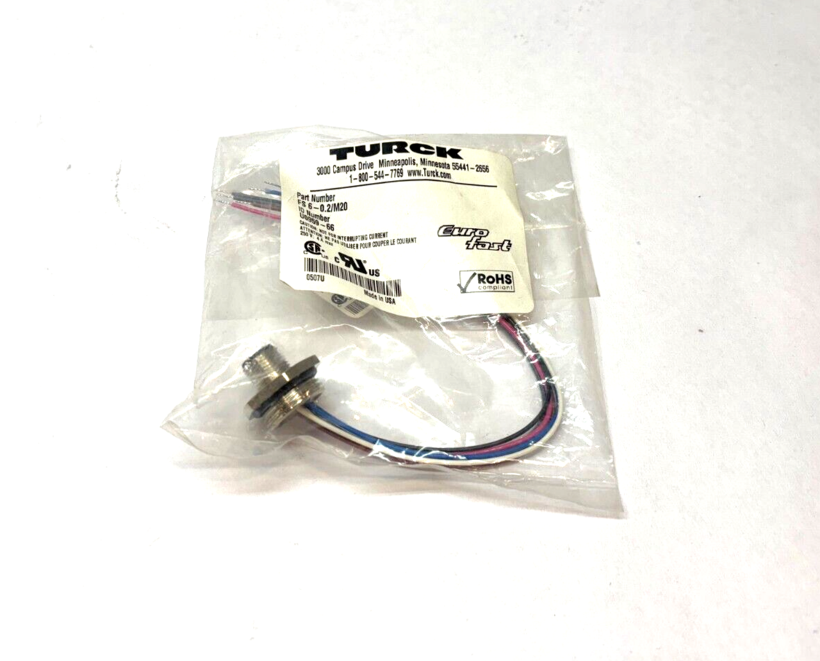 Turck FS 6-0.2/M20 EuroFast Plug Receptacle, M12, U0959-66 - Maverick Industrial Sales