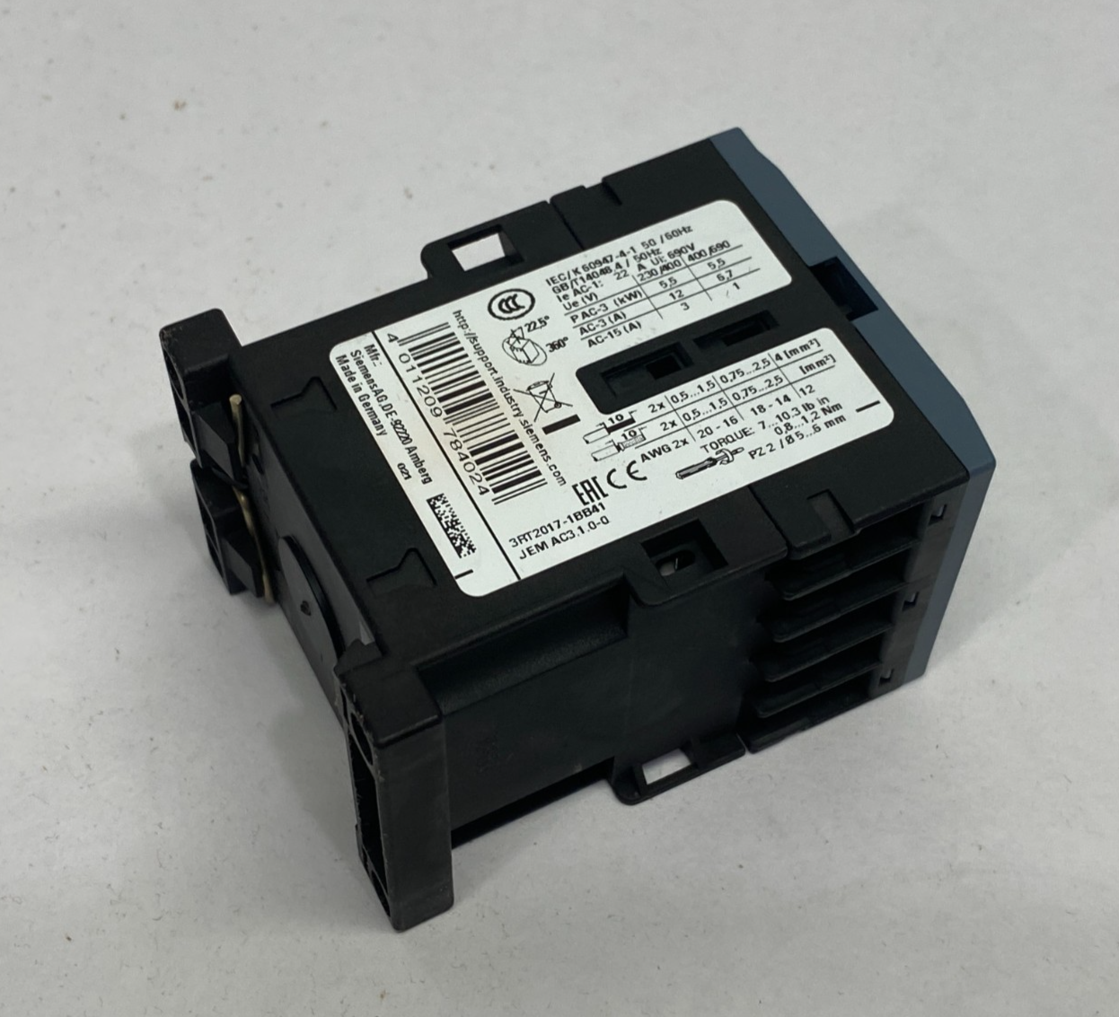 Siemens 3RT2017-1BB41 SIRIUS Contactor 12A, 400V, 5.5kW, 1NO - Maverick Industrial Sales