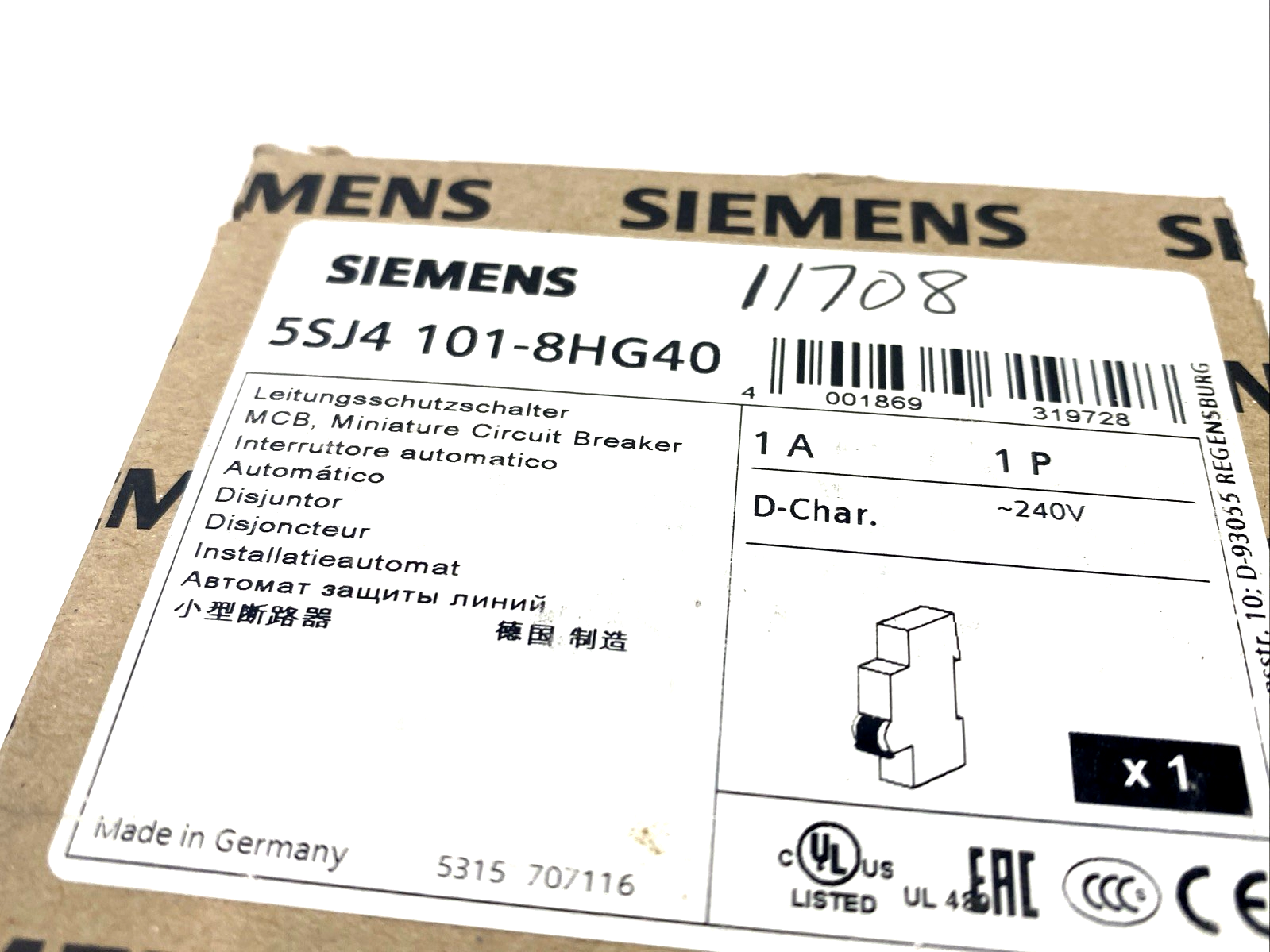Siemens 5SJ4101-8HG40 Miniature Circuit Breaker 240V 14kA 1P 1A - Maverick Industrial Sales