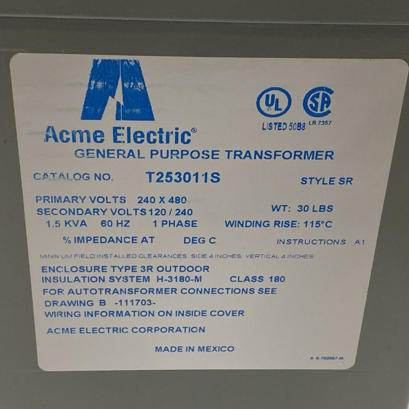 Acme Electric T253011S Transformer Pri: 240/480V Sec: 120/240V, 1PH, 1.5 KVA - Maverick Industrial Sales