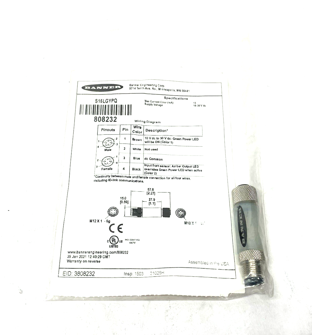 Banner S15LGYPQ 2-Color In-Line Sensor Status Indicator Male-Female 4-pin 808232 - Maverick Industrial Sales