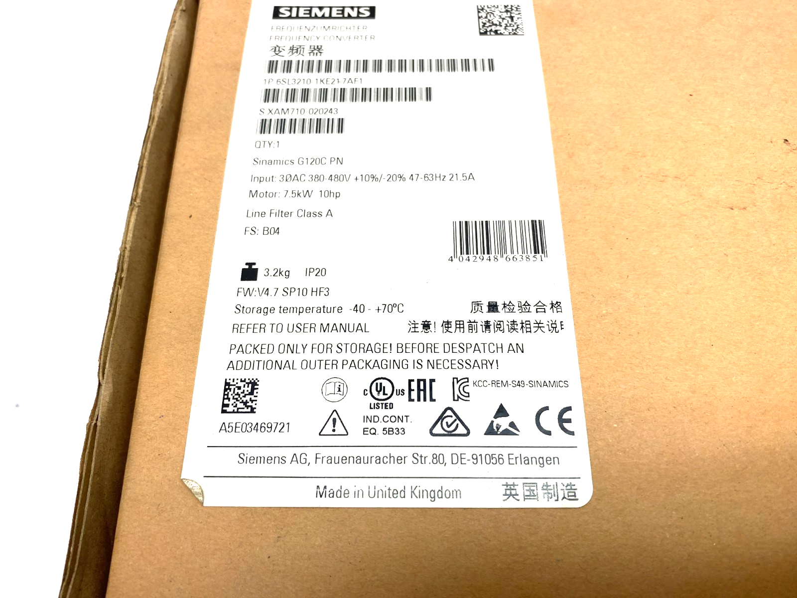 Siemens 6SL3210-1KE21-7AF1 SINAMICS G120C PN Class A Line Filter 7.5Kw - Maverick Industrial Sales